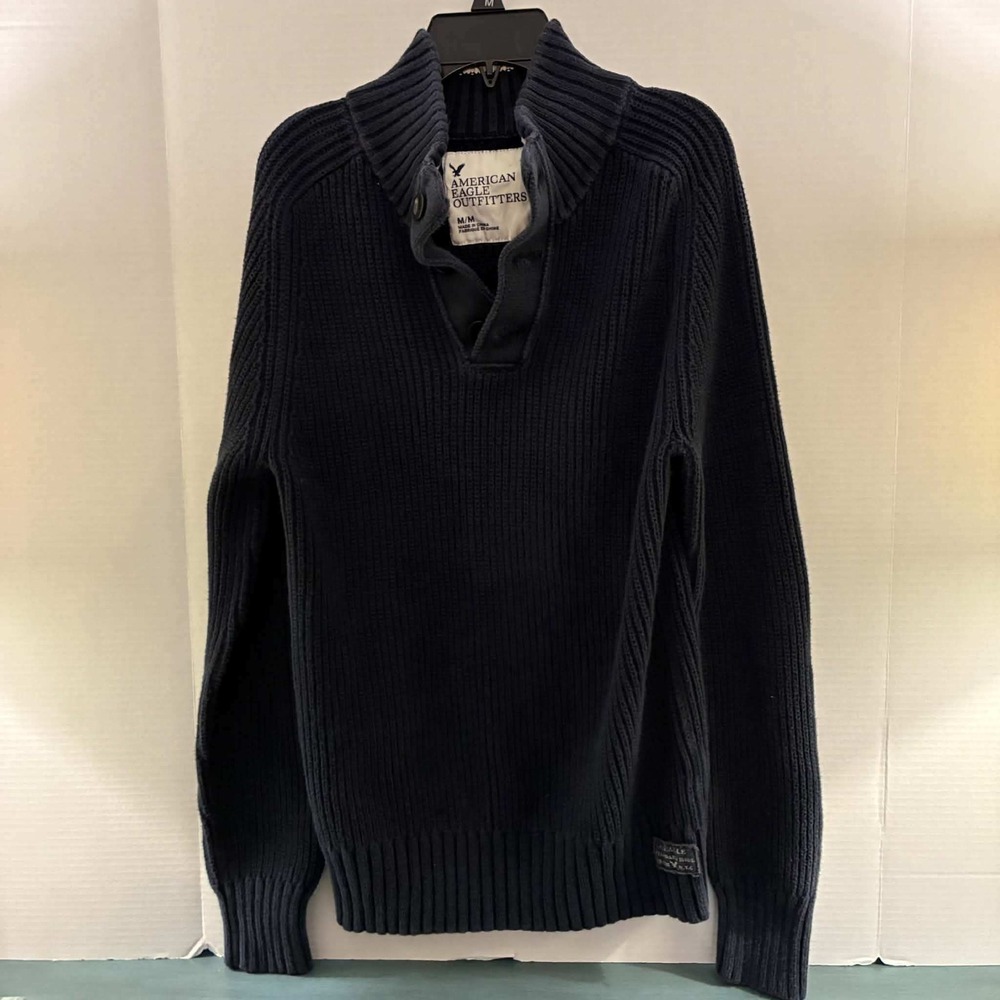 American Eagle Outfitters Sweater Mens M Navy Shawl Collar Chunky Knit Pullover